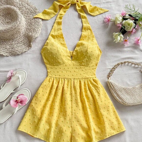Yellow Boho Women's Textured swiss dot Mini Bodycon romper Beach - Picture 4 of 8